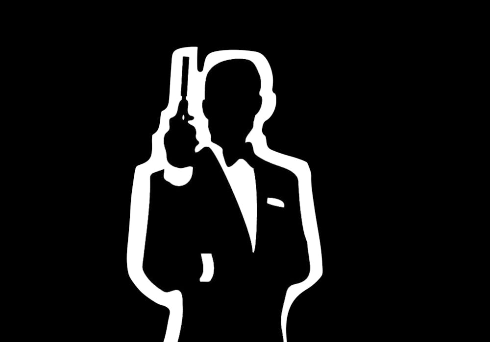 A black-and-white illustration of the silhouette of James Bond, dressed in a suit and bowtie.