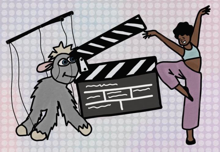 An illustration of a director's clap board, a marionette puppet of a furry grey animal, and a student in pants and a tank top dancing.